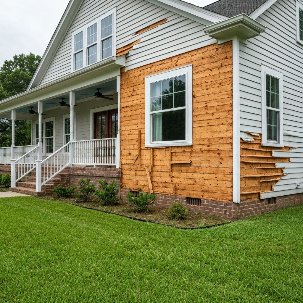 Storm-damaged siding requiring emergency repair